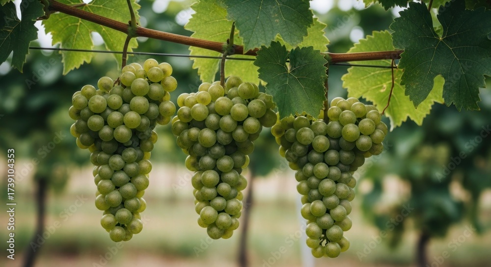 Fototapeta premium Close-up of three ripe green grape bunches on a vine in a blurred vineyard