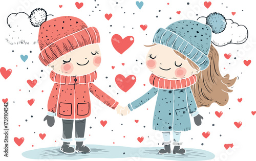 Adorable couple holding hands wearing winter coats and hats surrounded by hearts