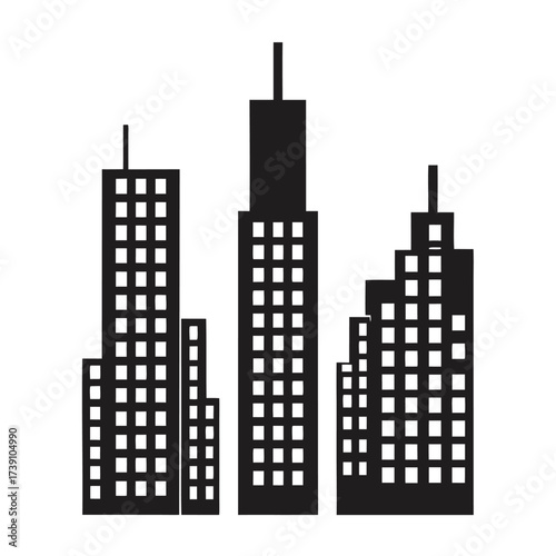 Black pixel art cityscape silhouette against a white background showcases urban minimalist vector