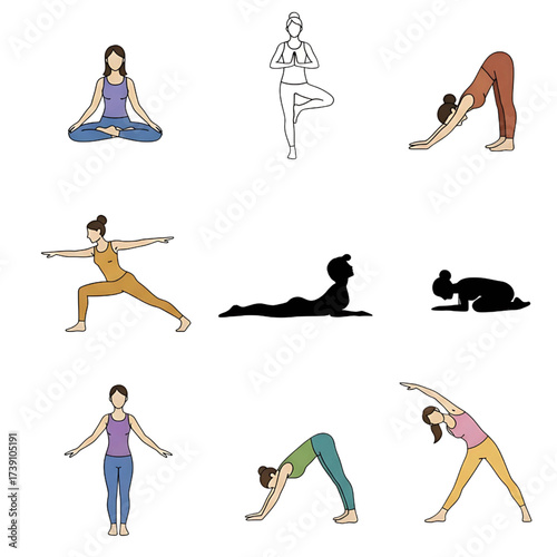 Diverse collection of nine artistic illustrations depicting women in various yoga poses and meditation showcasing flexibility and wellness
