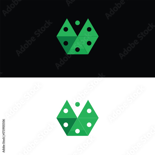 Abstract logo design featuring a geometric hexagon shape composed of triangles and circles in green, presented against a black and isolated on white background, conveying growth
