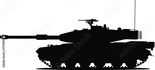Black silhouette of a modern military tank with a large cannon vehicle warfare