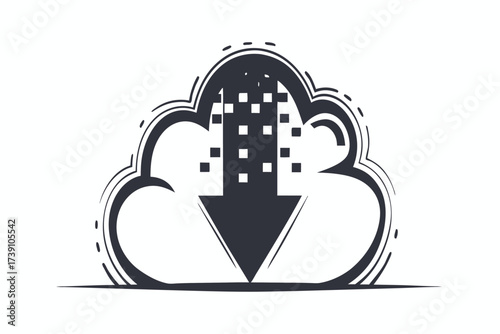 Cloud descending with data squares forming downward arrow indicating file transfer is complete