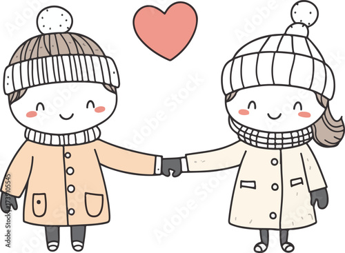 Adorable couple holding hands wearing winter hats and coats with a heart above them