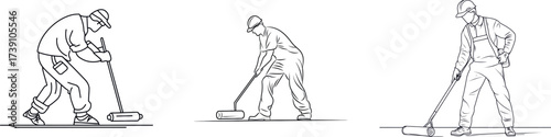 A continuous line drawing illustrates a uniformed painter using a roller to paint a wall, embodying concepts of repair, maintenance, and professional people