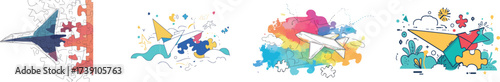 A continuous line drawing of a paper plane flying upwards, connected to puzzle pieces that complete a jigsaw, represents a business metaphor for problem-solving and solution-oriented ideas and