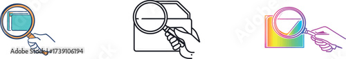 In a minimalist one-line design, a big hand is illustrated holding a magnifying glass, focusing on the folder icon, and embodying the concepts of exploration, file management, and the tidying of file