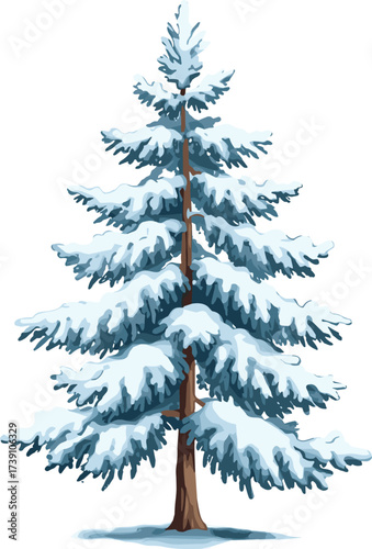 Winter snow covered pine tree illustration, tall evergreen conifer with branches, cold season forest nature, Christmas background, seasonal holiday design, frosty weather, natural landscape vector