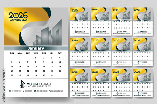 Modern 2026 wall and desk calendar template design, yearly and monthly planner, printable corporate calendar layout for business planning,  agenda, office organization and promotional material