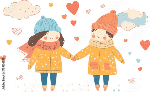 Cute couple holding hands wearing winter coats hats scarves with hearts floating around