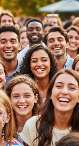 Joyful gathering of diverse people smiling and laughing together in happiness