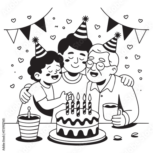 Vector art of a heartwarming birthday celebration illustration featuring three generations gathered around a cake