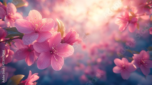 Delicate pink flowers bloom on branches, bathed in soft golden light, a serene spring vista