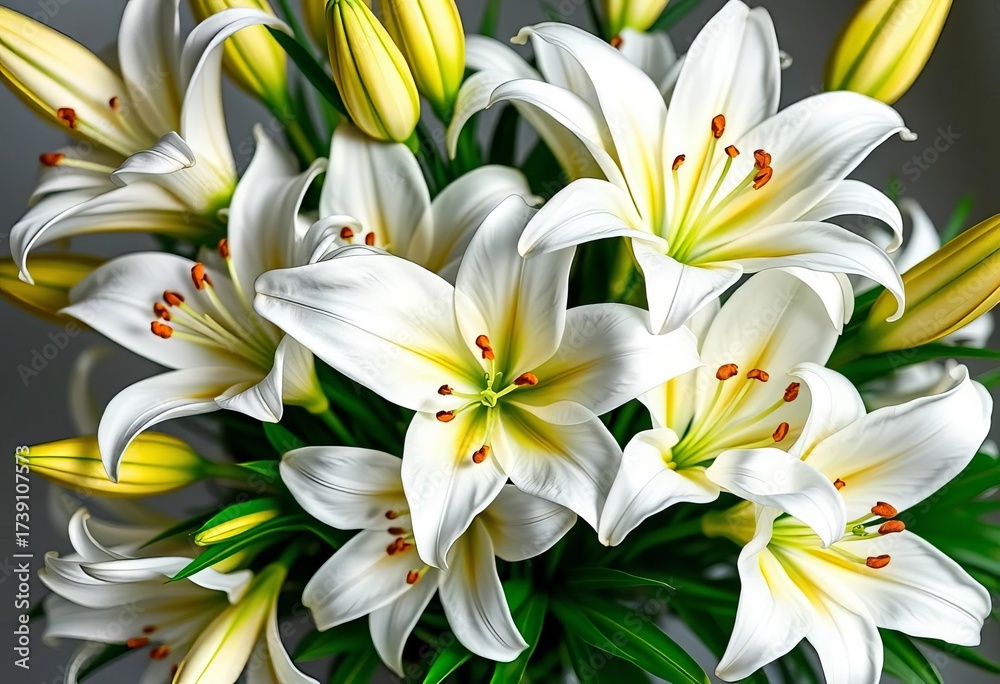 Obraz premium Elegant white lilies arranged in a bouquet, lush and pristine, photography, lilies of the valley