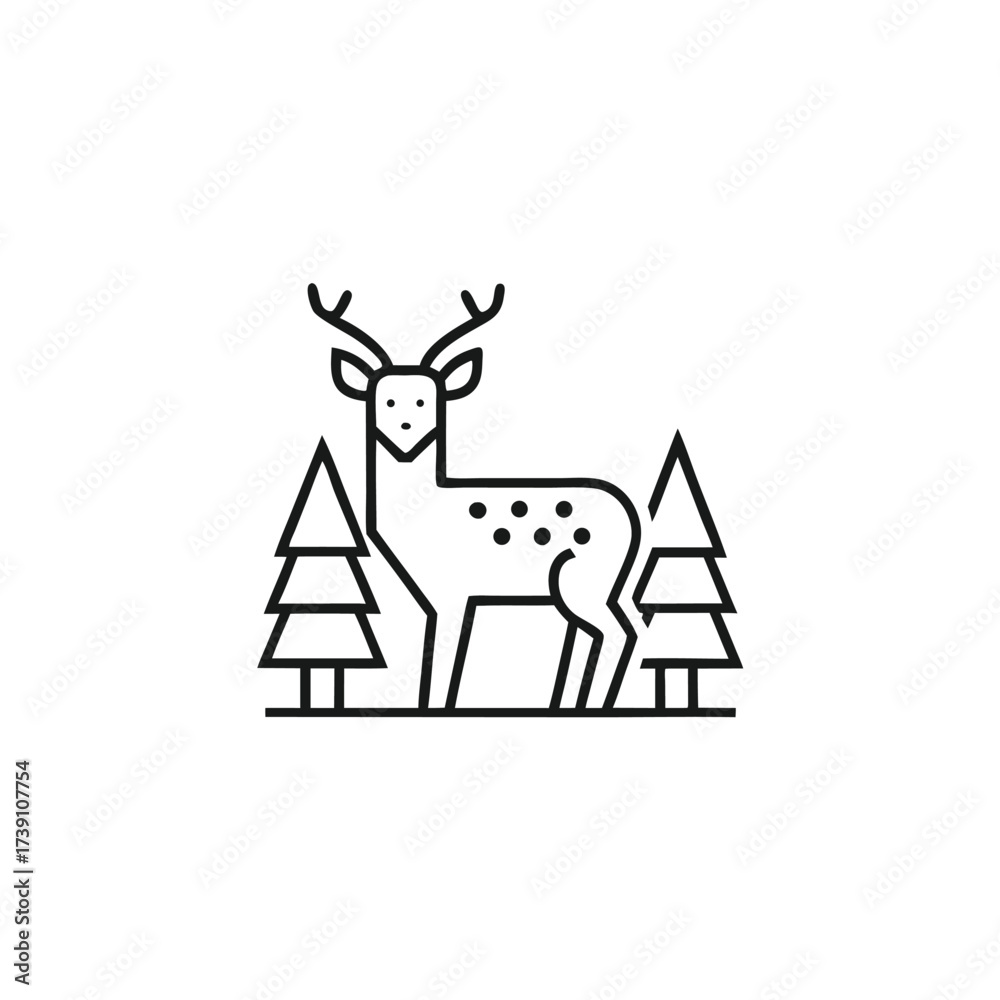 Fototapeta premium Minimalist deer with spots standing calmly between the pine trees in black lines