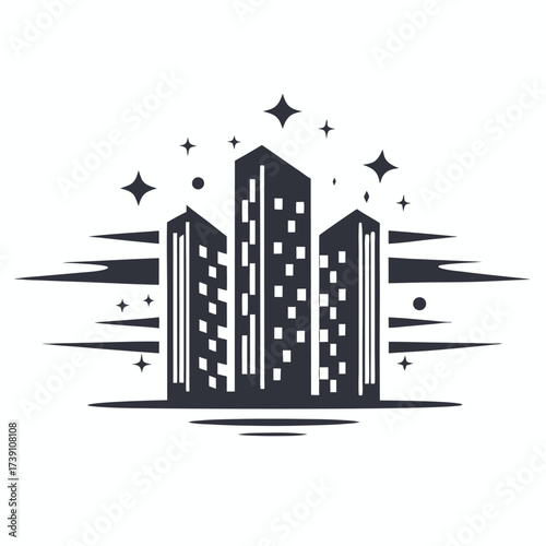 Monochromatic cityscape shows tall buildings with celestial stars in a simplified and elegant vector