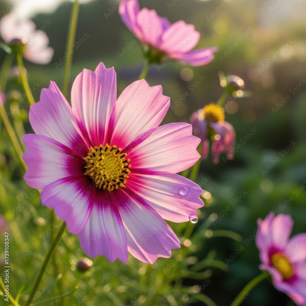 Obraz premium Delicate cosmos blooms bask in the morning light, displaying vibrant color