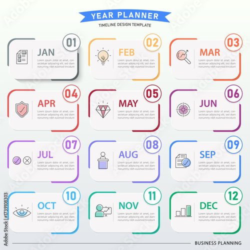 Timeline Creator infographic template. 12 months timeline journey, 1 year calendar infographics design template. presentation graph. Business concept with 12 options or steps, vector illustration.