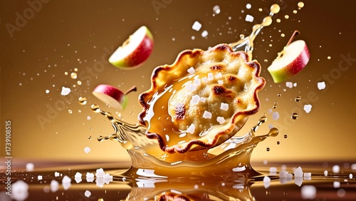 Apple pie pastry splashing in caramel in slow motion with flying apple slices on golden brown background
