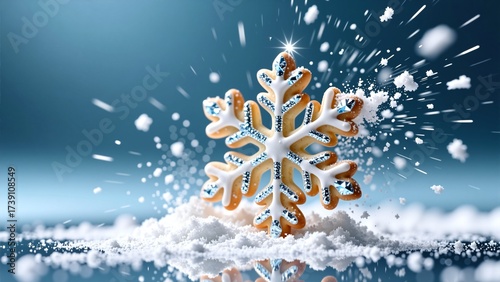 Snowflake cookie with glitter icing and powdered sugar burst - winter holiday dessert