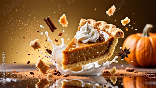 Pumpkin pie slice with whipped cream captured in high speed photography