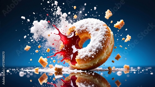 Donut with powdered sugar hitting jam splash, crumbs frozen in high speed photography