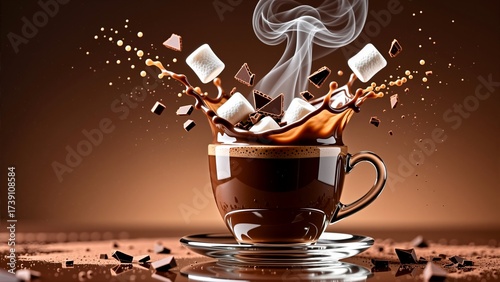 Hot chocolate with marshmallows and steam, chocolate splash on brown background, cozy winter drink in high speed photo