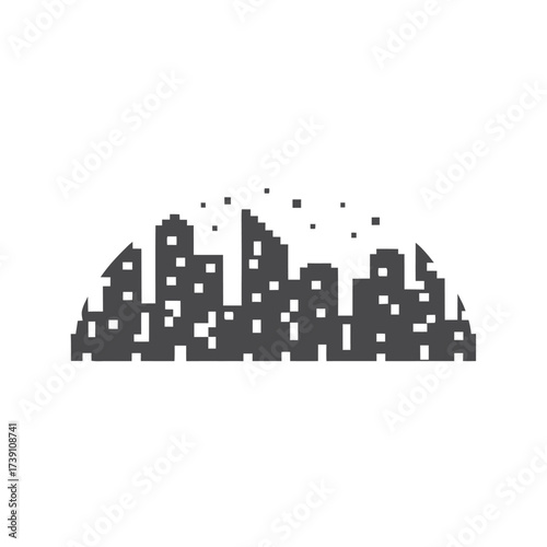 Monochrome pixel cityscape silhouette reveals modern buildings against the white background, a retro design