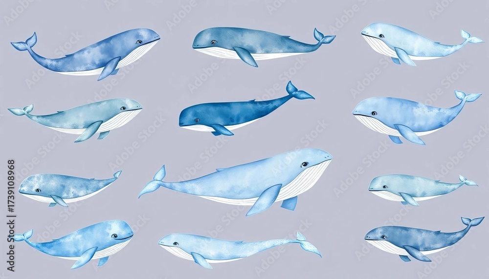 Obraz premium A whimsical set of watercolor whales in various blues and greys, some leaping, others swimming , charming, aquatic