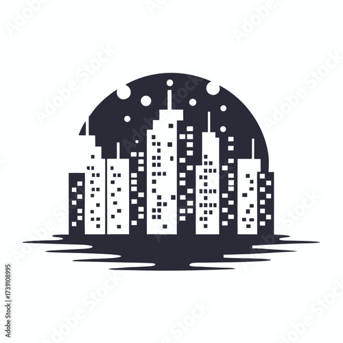 Nighttime cityscape features tall buildings with lights under a starry sky in monochrome