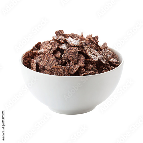 White bowl of chocolate corn flakes isolated on transparent background