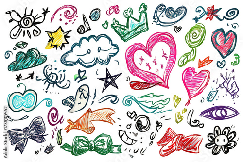 Colorful Scribbled Doodles on Black Background Featuring Hearts Stars and Decorative Elements