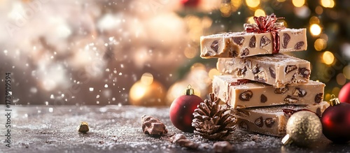 Chocolate and hazelnut nougat on a Christmas background