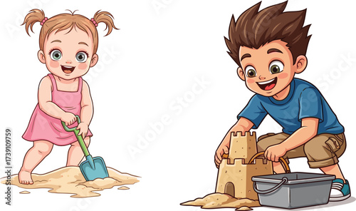 Cartoon children on playground swing set, happy boy standing, smiling girl swinging, outdoor kids activity, fun childhood moment, colorful vector illustration