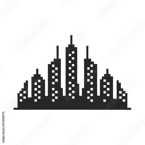Pixelated black cityscape shows a simplistic skyline with illuminated windows, isolated against white