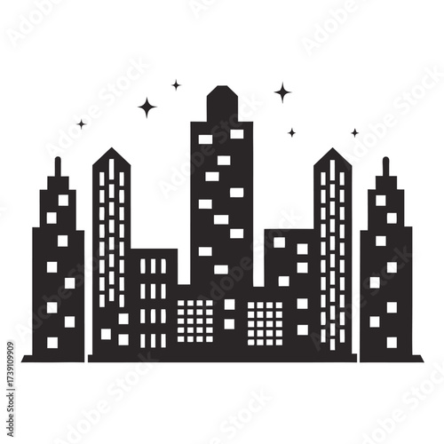 Pixelated black cityscape silhouette against a bright white background showcases simple architectural building form