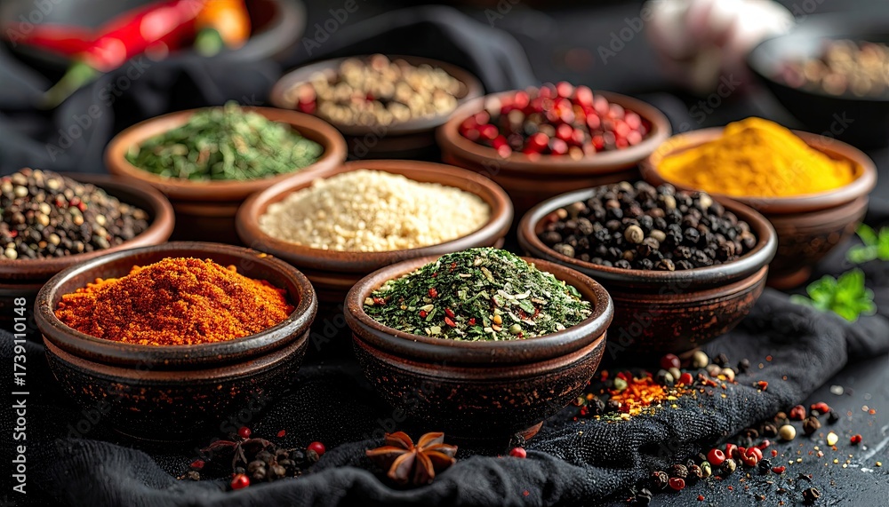 Fototapeta premium Variety of Colorful Spices in Small Bowls on Black Cloth