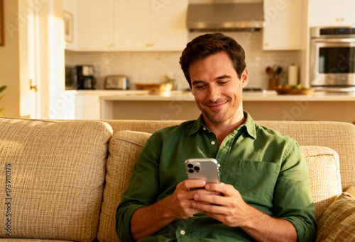 A man in a green shirt sitting on a couch, smiling, holding a phone.