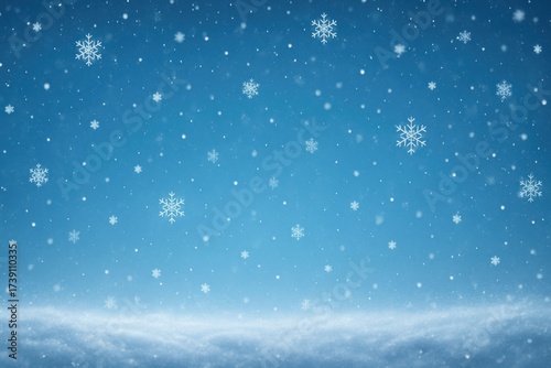 Gentle snowflakes falling against a serene blue winter sky background.