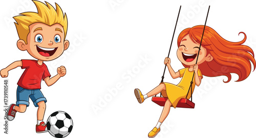 Cartoon children playing on swing, happy boy and girl outdoors, fun playground activity, smiling kids enjoying childhood, colorful vector illustration