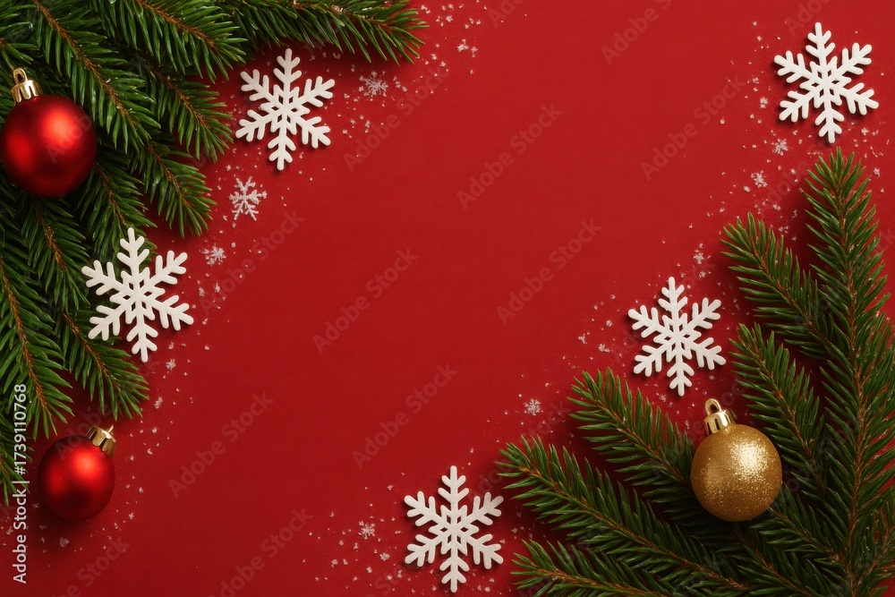 Fototapeta premium Christmas background with fir branches, red and gold ornaments, and snowflakes on a vibrant red backdrop.