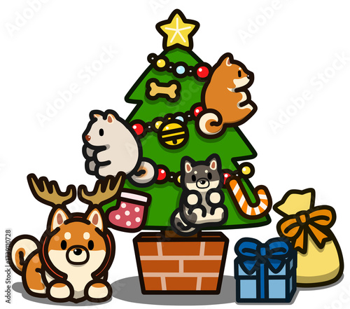 Obraz na płótnie クリスマスツリーとトナカイ仮装の柴犬背景無し