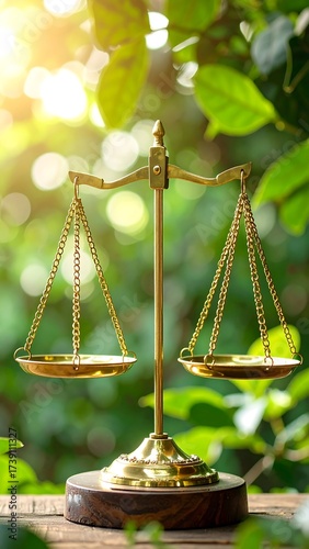 Golden scales of justice amidst lush greenery, sunlight filtering through leaves