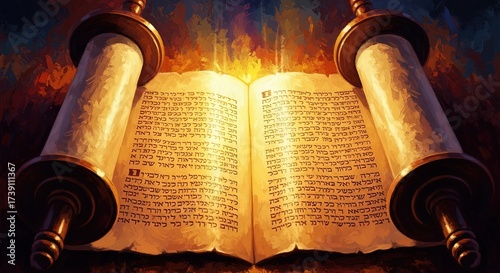 Torah scroll opened with ancient text glowing in warm light  