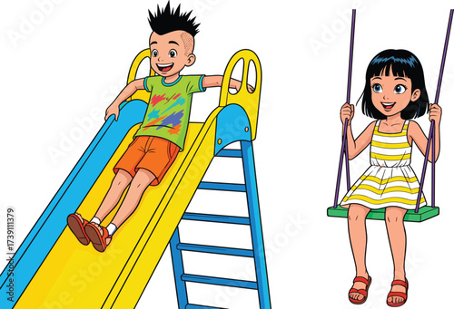 Happy cartoon children playing outdoors, boy sliding on colorful playground slide, girl swinging with joy, fun childhood activity,