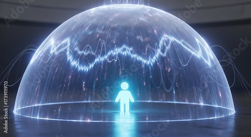 Glowing blue energy shield dome protects a solitary human silhouette protection