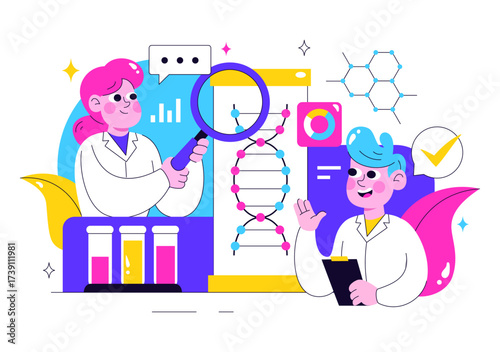 Genetics Testing Illustration Featuring DNA Molecule Structure, Scientific Research, and Laboratory Experiment with Scientists in a Technological