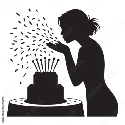 Vector art of elegant silhouette of a woman blowing confetti towards a birthday cake, capturing a celebratory moment