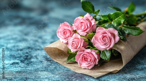 Five delicate pink roses wrapped in brown paper rest on a textured blue surface