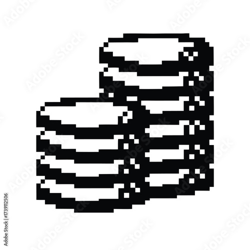 Pixelated stack shows a monochrome depiction of digital coins with retro flair